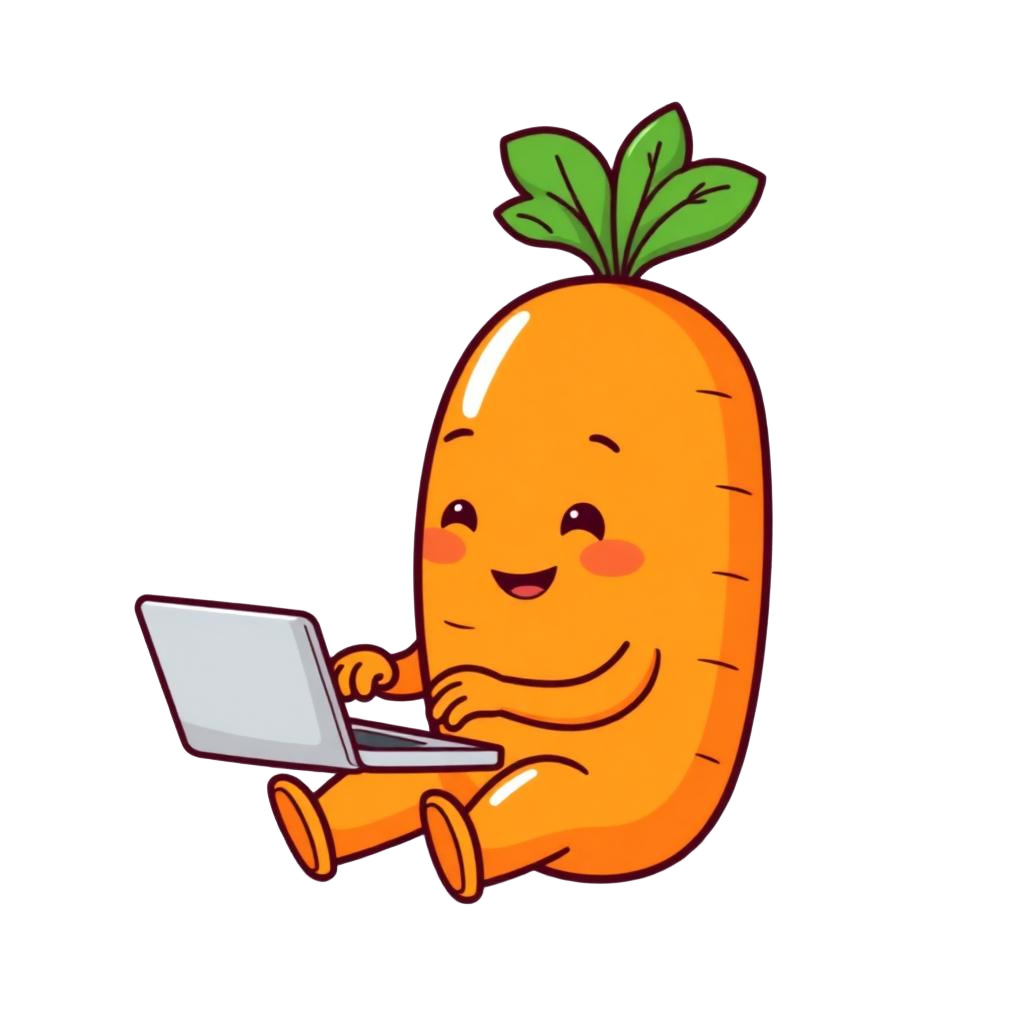 Carrot mascot typing on a laptop