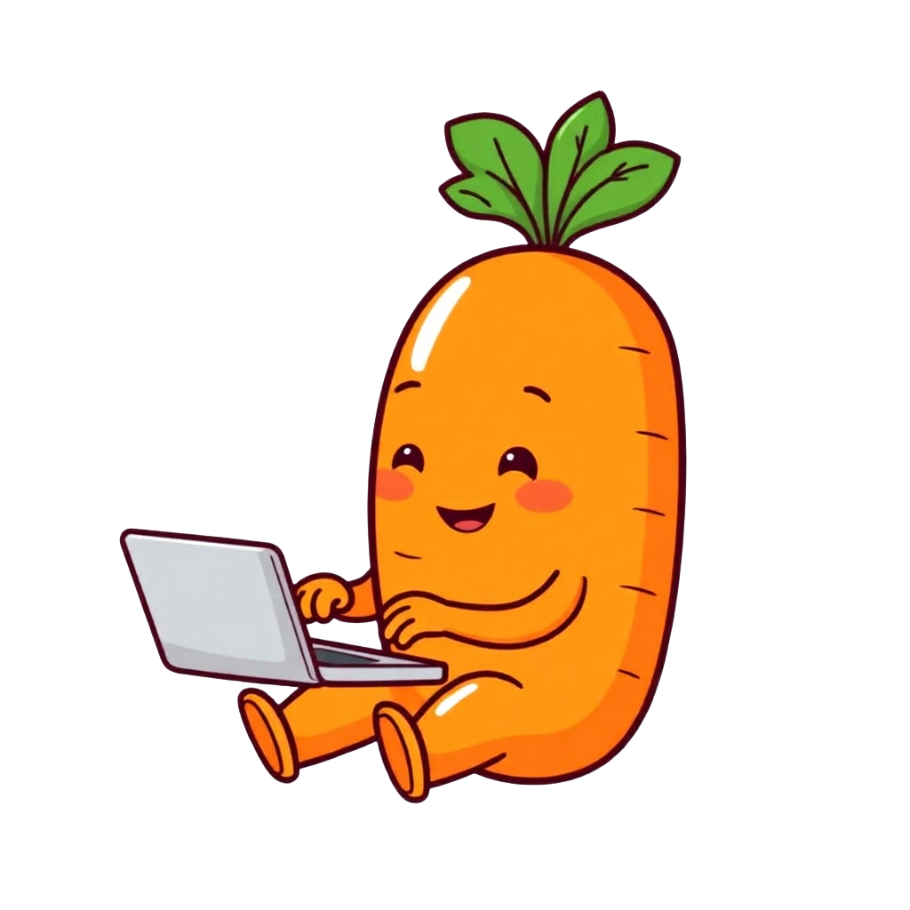 Carrot mascot typing on a laptop